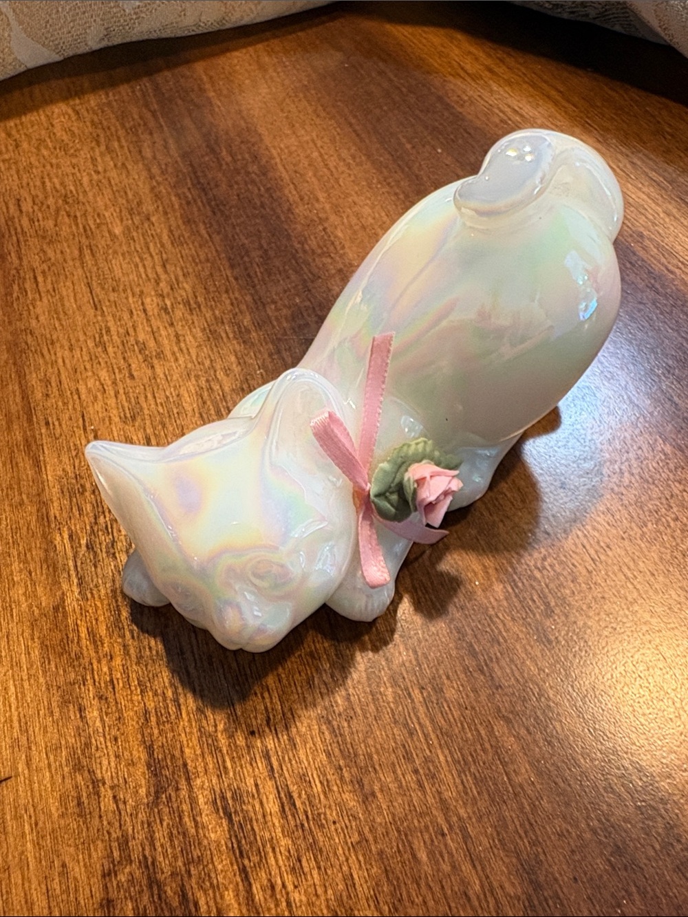 Vintage Fenton Opalescent White Cat Figurine with Pink Ribbon and Flower
